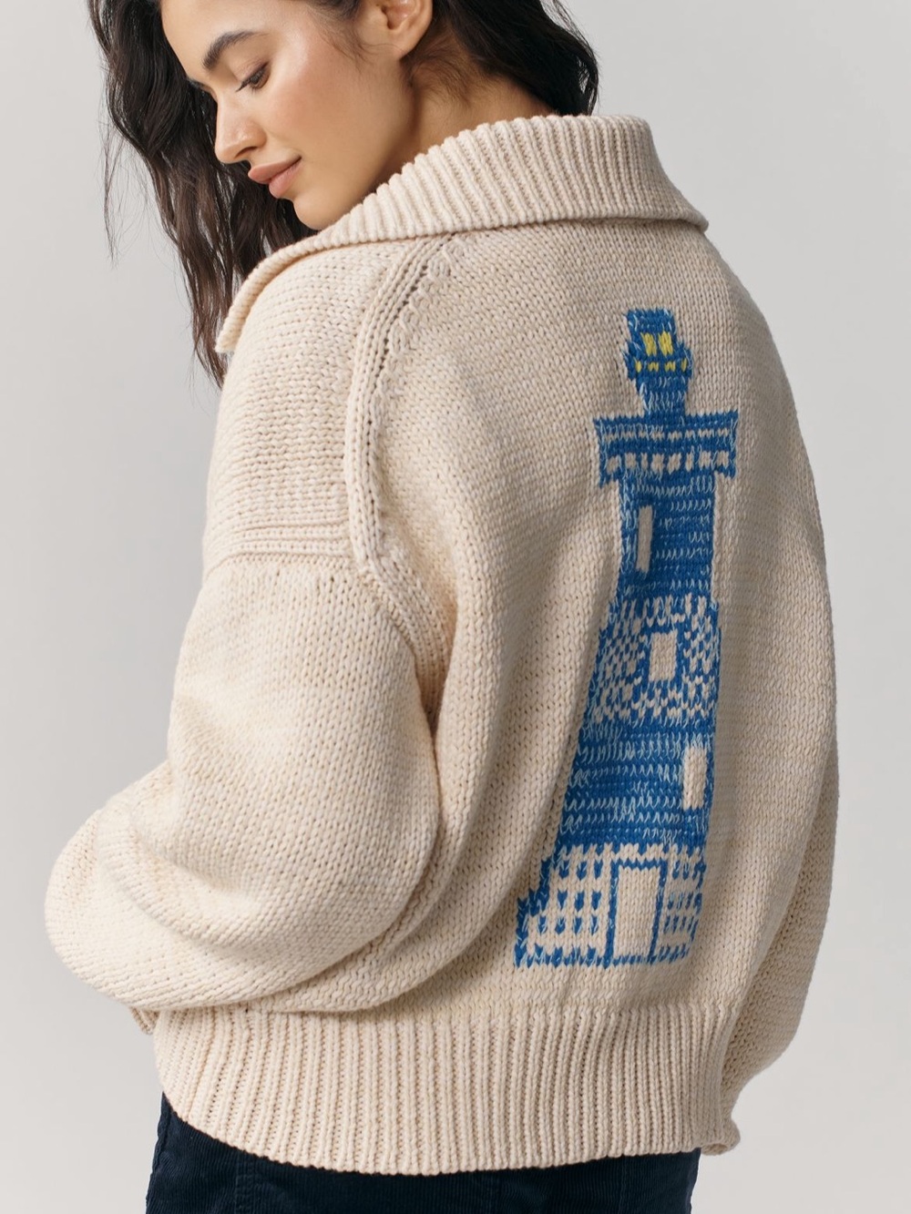 Anthropologie Maeve Collared V-neck Cream Sweater with Blue Lighthouse Motif
